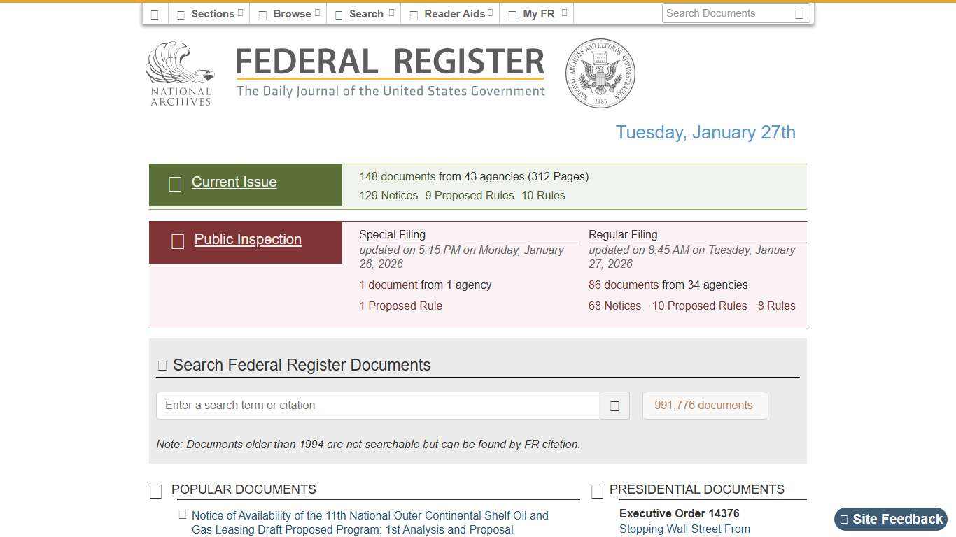 Federal Register :: Home - Tuesday, January 27th